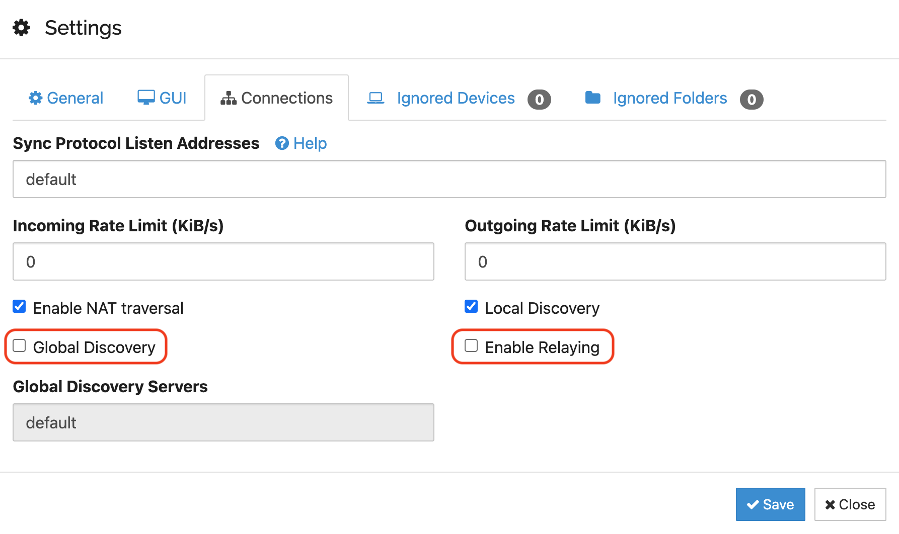 Syncthing configuration settings