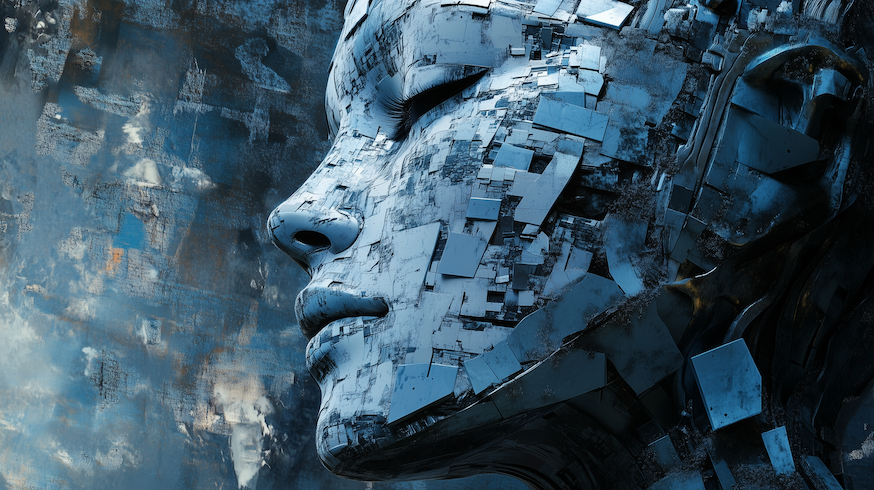 A female robotic face in blue grey and dark colours