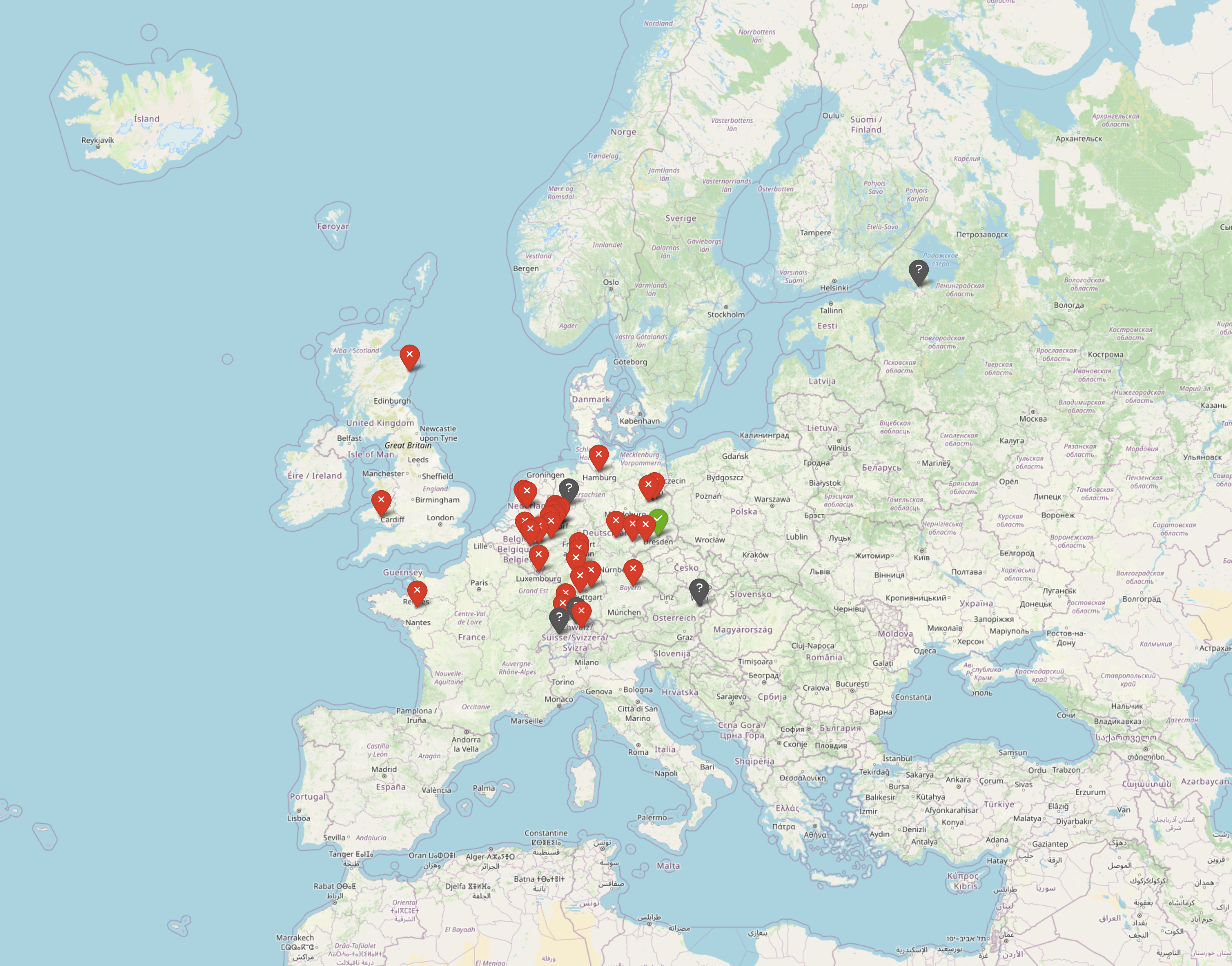 Hackerspaces World Map - zoomed in