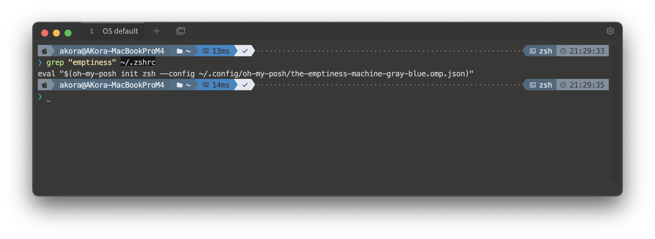 A screenshot showing the Emptiness Machine gray blue theme with git status and branch information displayed in a clean, modern terminal prompt