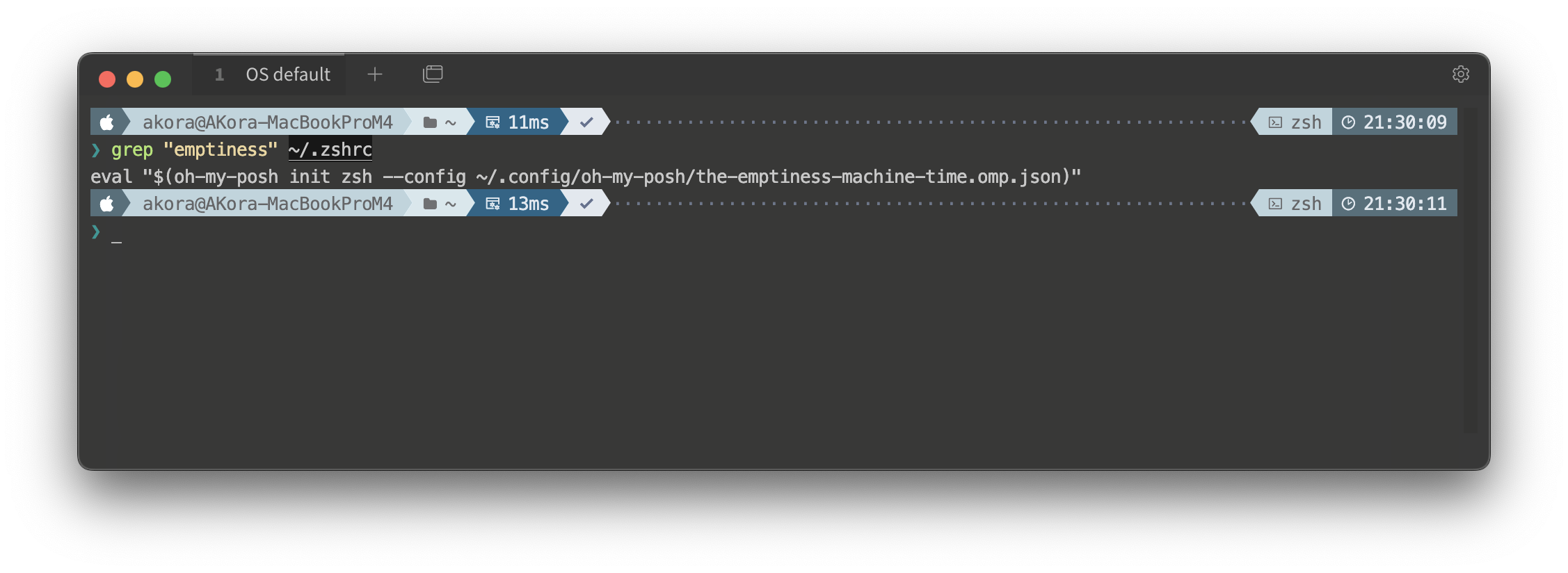 A screenshot showing the Emptiness Machine time theme with git status and branch information displayed in a clean, modern terminal prompt